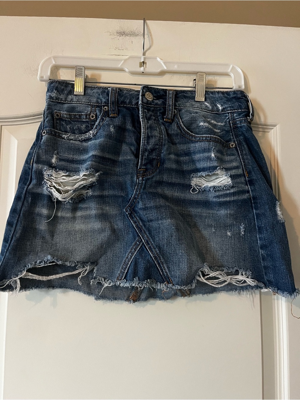American Eagle Outfitters Distressed Dark Blue Denim Mini Skirt Size 0